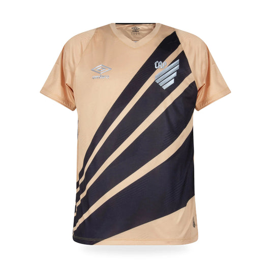 Camiseta Athletico Paranaense versión jugador, beige y negra, sobre fondo blanco