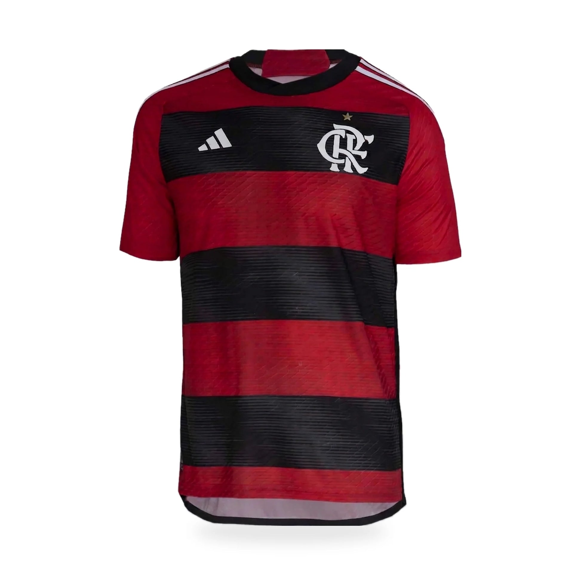 Camiseta Flamengo versión jugador, rojinegra a rayas, sobre fondo blanco